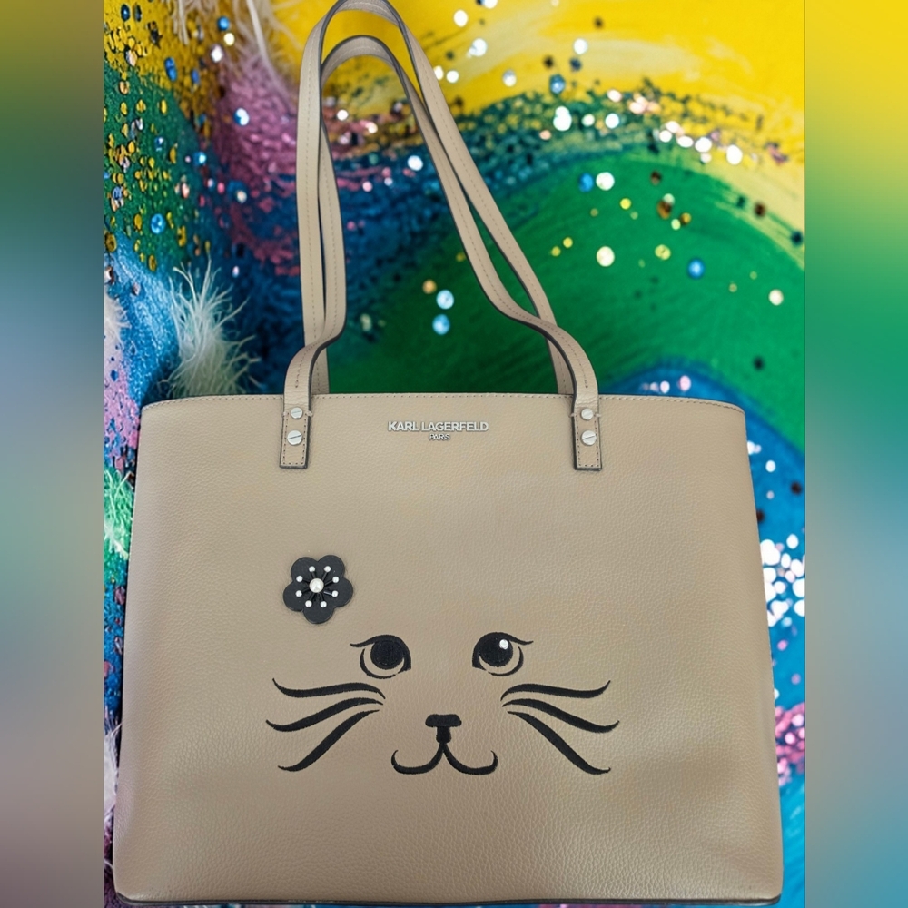 Vintage Karl Lagerfeld Taupe Cat-Face Tote with Flower Accent